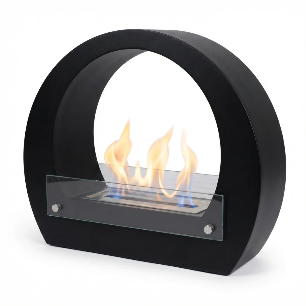 Dallas - Enkel gulv biopeis i svart med bred bue - ScandiFlames - brenntid opptil 6 timer