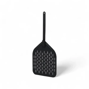 Svart 12-tommers pizzaspade i perforert aluminium med langt håndtak