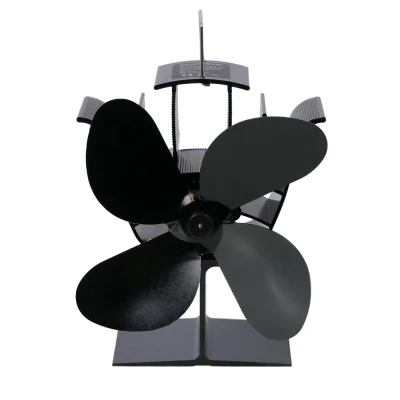 Kompakt svart varme-drevet vifte til ovn med 4 buede stålblader, designet for vedovner og bioetanol-peiser.