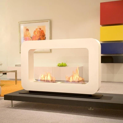Hvit designpeis til gulv | To brennere | Biopeiser Shop Curva DT biopeis fra Safretti i hvit