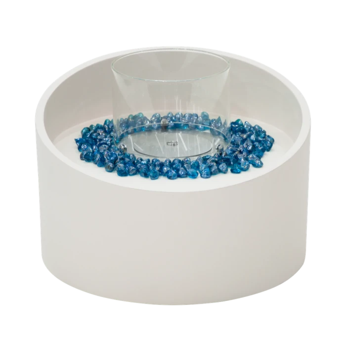 TORRE biopeis – Cream White ildsøyle med glass og blå stein | Biopeiser-shop.no TORRE bioetanol ildsøyle – Kremhvit