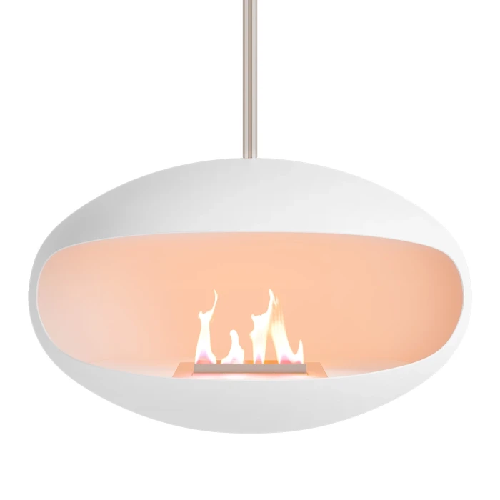 Cocoon Fires Aeris hvit takhengt biopeis med stålstang – elegant og moderne design