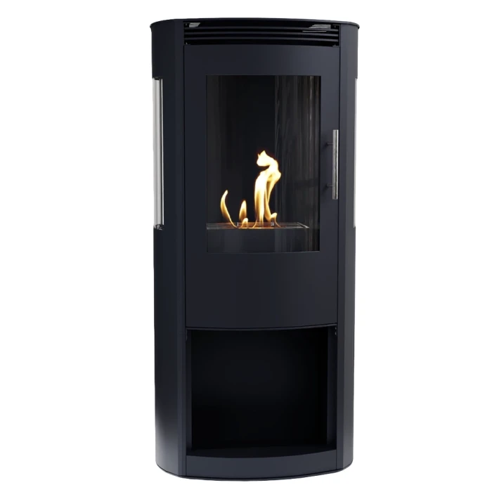 Svart frittstående biopeis med vedovnsdesign og skikkerhetsglass