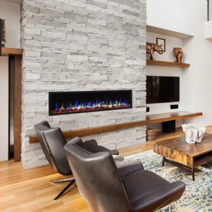 Aflamo Pride Slim elektrisk peis på hvit bakgrunn som viser dens slanke design og ultratynne profil.