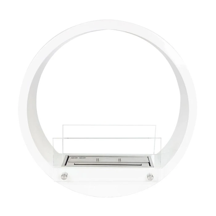 Hvit sirkulær innebygd biopeis med en brennetid på ca. 4 timer.