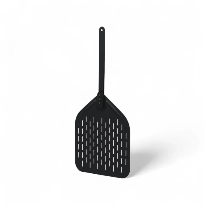 Svart 12-tommers pizzaspade i perforert aluminium med langt håndtak