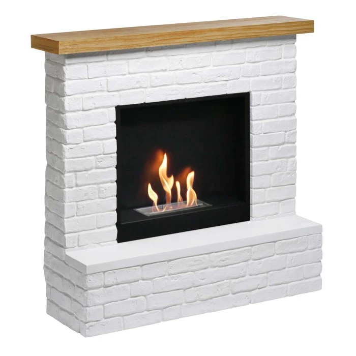 Frittstående elektrisk peis fra TAGU i et peisomrammingsdesign med hvite mursteiner