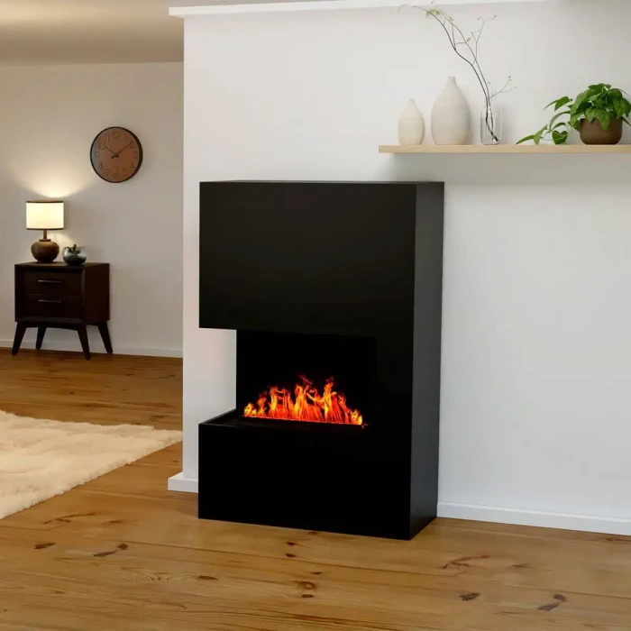 Glow Fire Tucholsky Right Corner Svart - OMC 600 | Frittstående Vanndamp peis, Svart, 91 cm x 150 cm x 35 cm